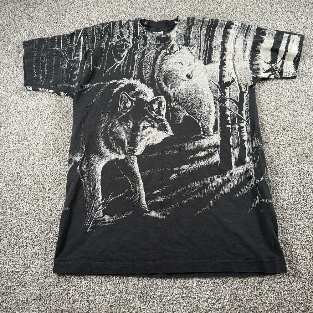 Vtg 90s Wolf Pack All Over Print AOP Single Stitch‎ T-Shirt Large 1992 Harlequin
